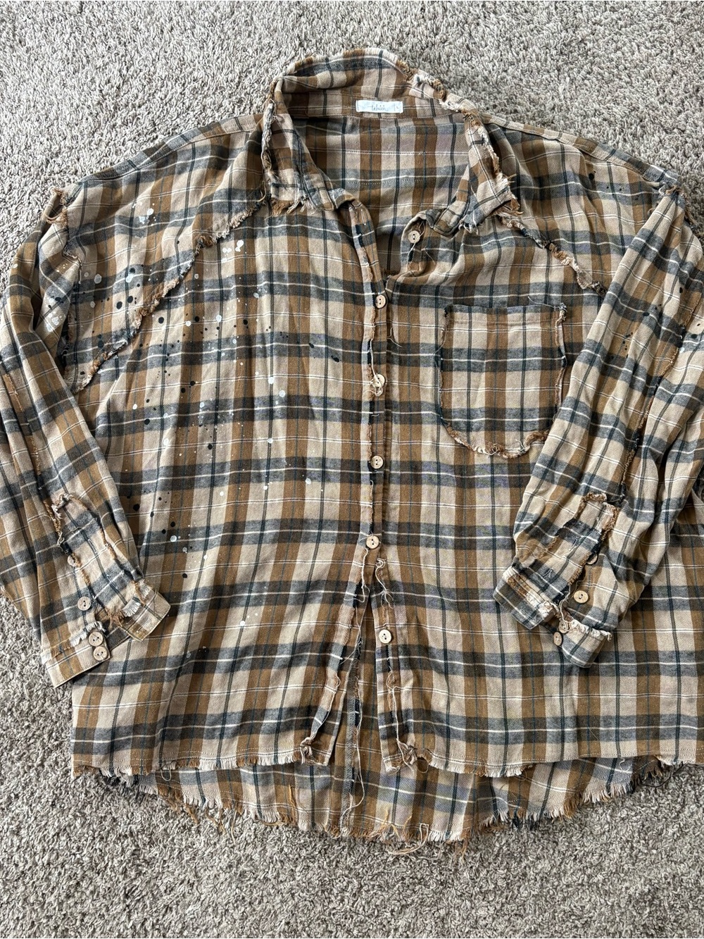 TALULAH Distressed Plaid Button-Down Shirt - Brown & Black